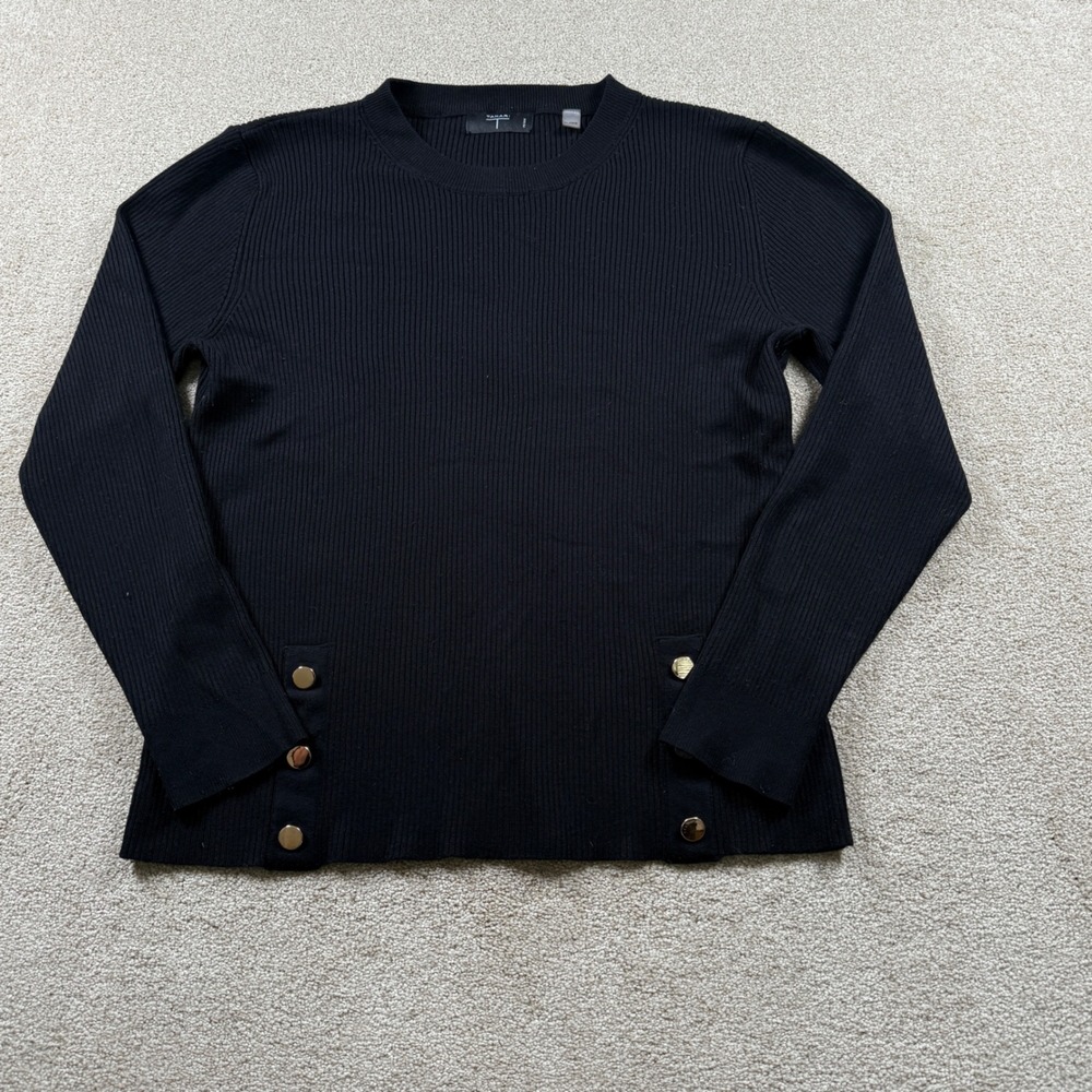 Tahari Petite Large Black Ribbed Knit Sweater‎ Gold Button Detail Long Sleeve